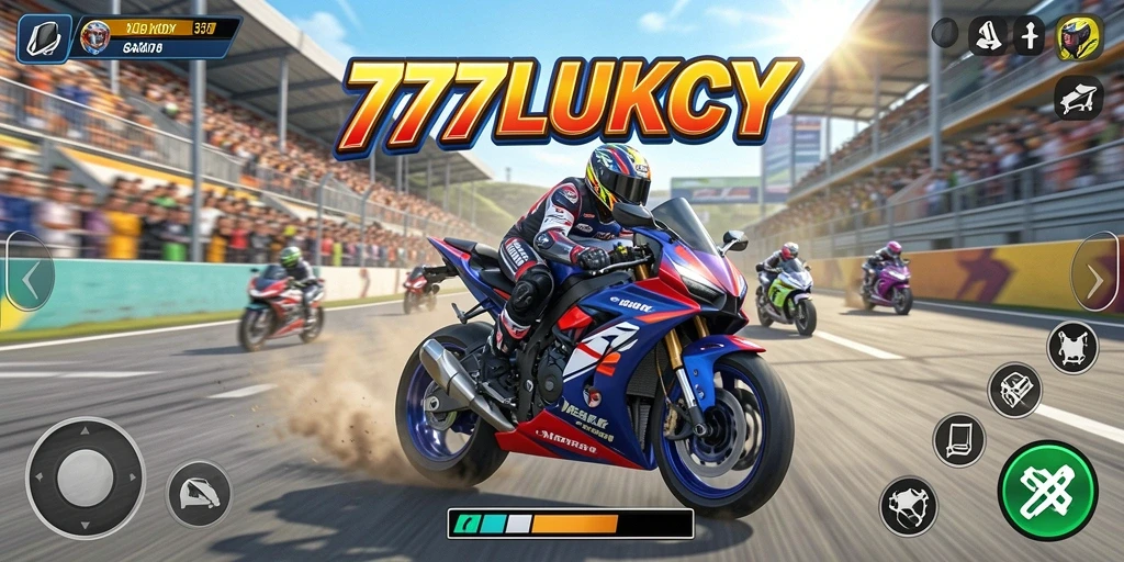 Screenshot gameplay 777LUKCY menampilkan aksi balap motor yang mendebarkan.