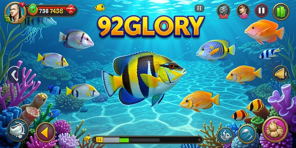 Gameplay <strong>92GLORY</strong> dengan ikan berwarna-warni yang sedang ditembak.