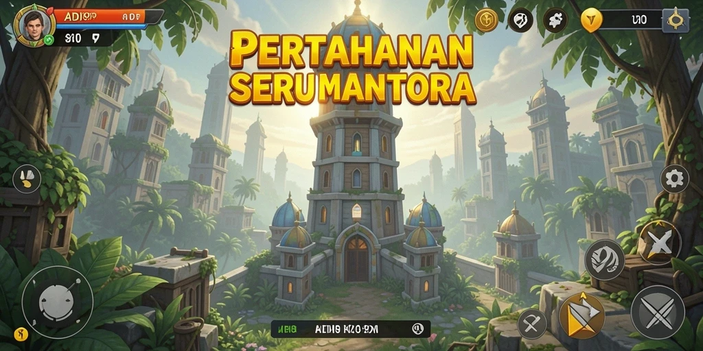 Tangkapan layar dari gameplay <strong>ADI99</strong> menunjukkan menara yang terpasang dan musuh yang mendekat.