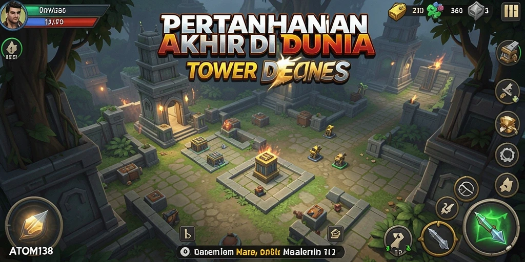 Tampilan gameplay seru Tower Defense dengan menara dan musuh yang bervariasi.