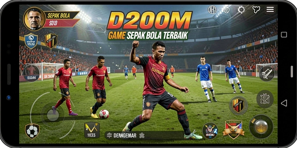 Gambar tampilan gameplay D200M dengan aksi sepak bola yang mendebarkan.