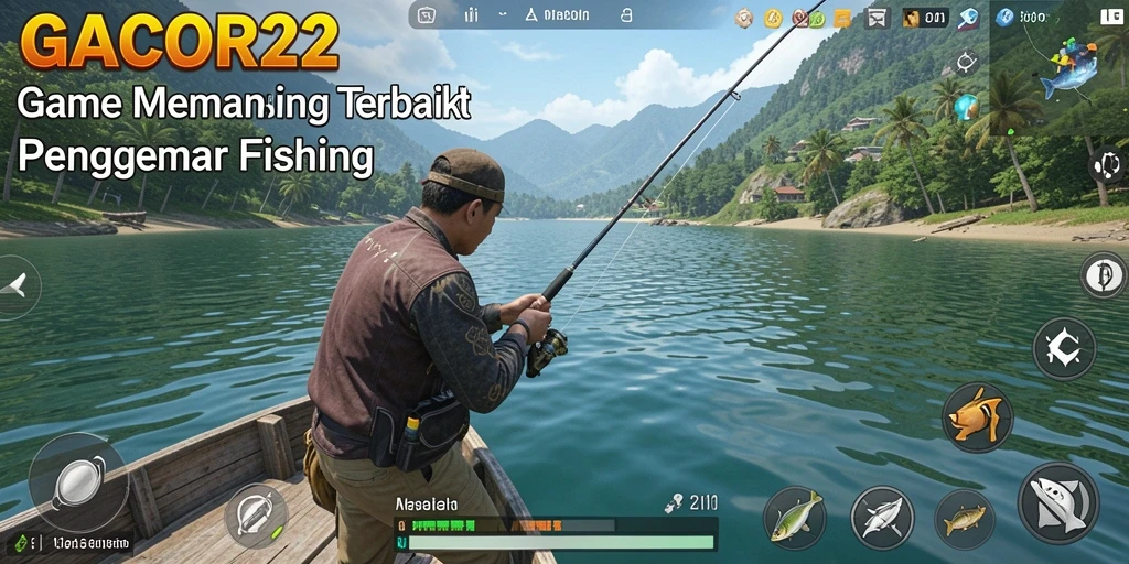 Tampilan gameplay GACOR22 dengan berbagai jenis ikan dan lokasi memancing.