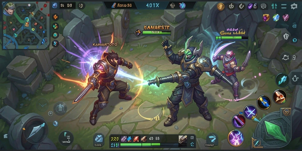 Gameplay seru dalam KAMARTOTO dengan tim bertarung di arena.