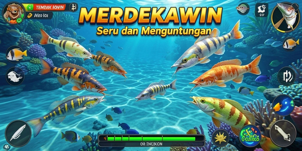 Tampilan gameplay seru MERDEKAWIN saat menembak ikan.