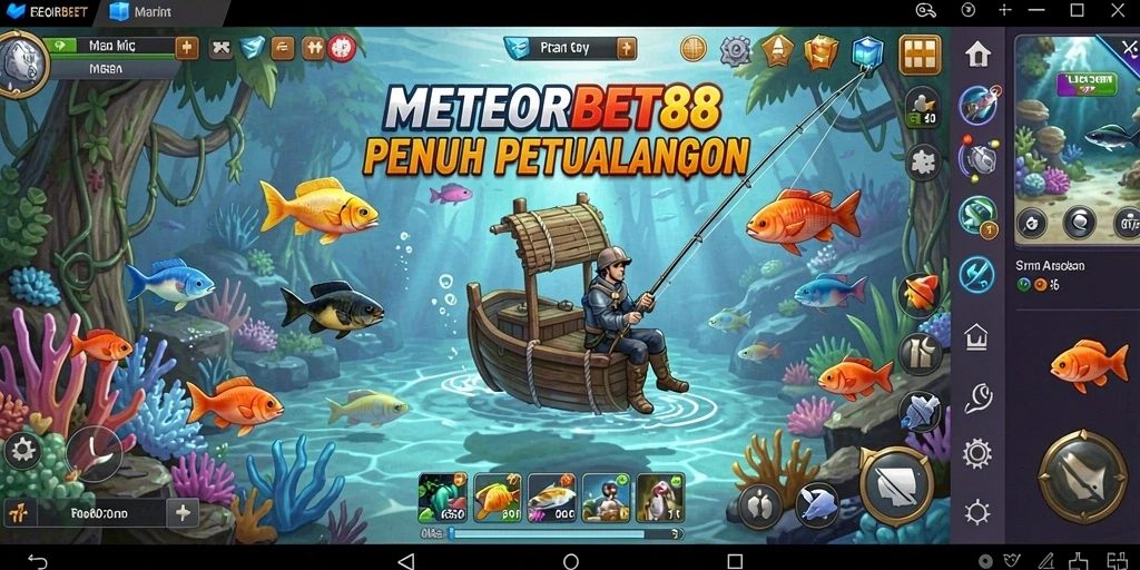 Tampilan utama gameplay <strong>METEORBET88</strong> saat memancing ikan di laut yang indah.