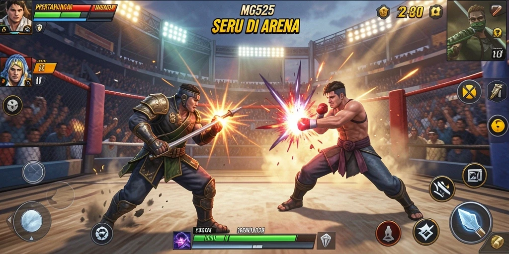 Screenshot gameplay MG525 yang menampilkan karakter bertarung di arena.