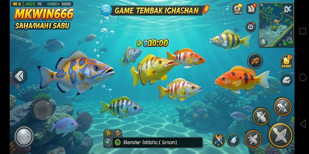 Gambar layar permainan MKWIN666 menampilkan aksi menembak ikan yang seru.