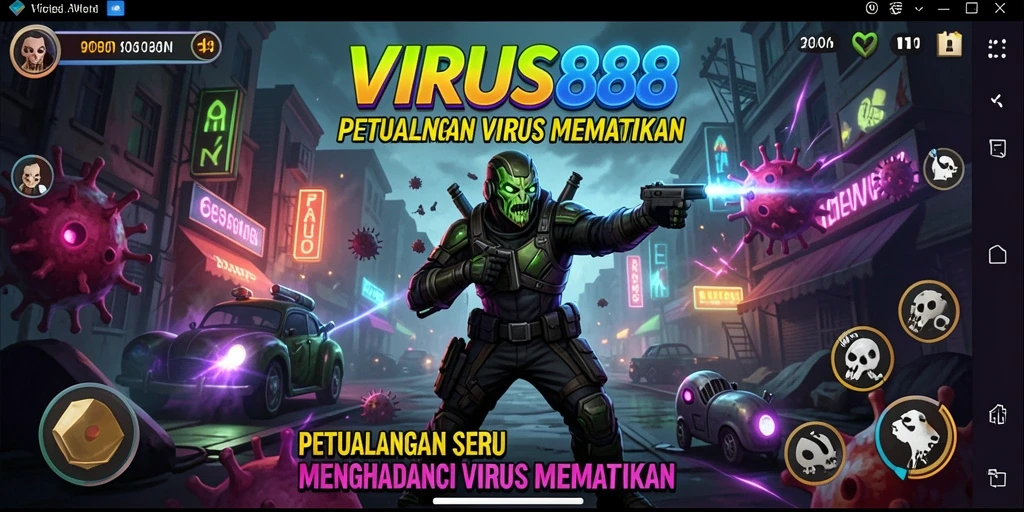 Tampilan gameplay seru dalam VIRUS88 dengan karakter berjuang melawan virus.